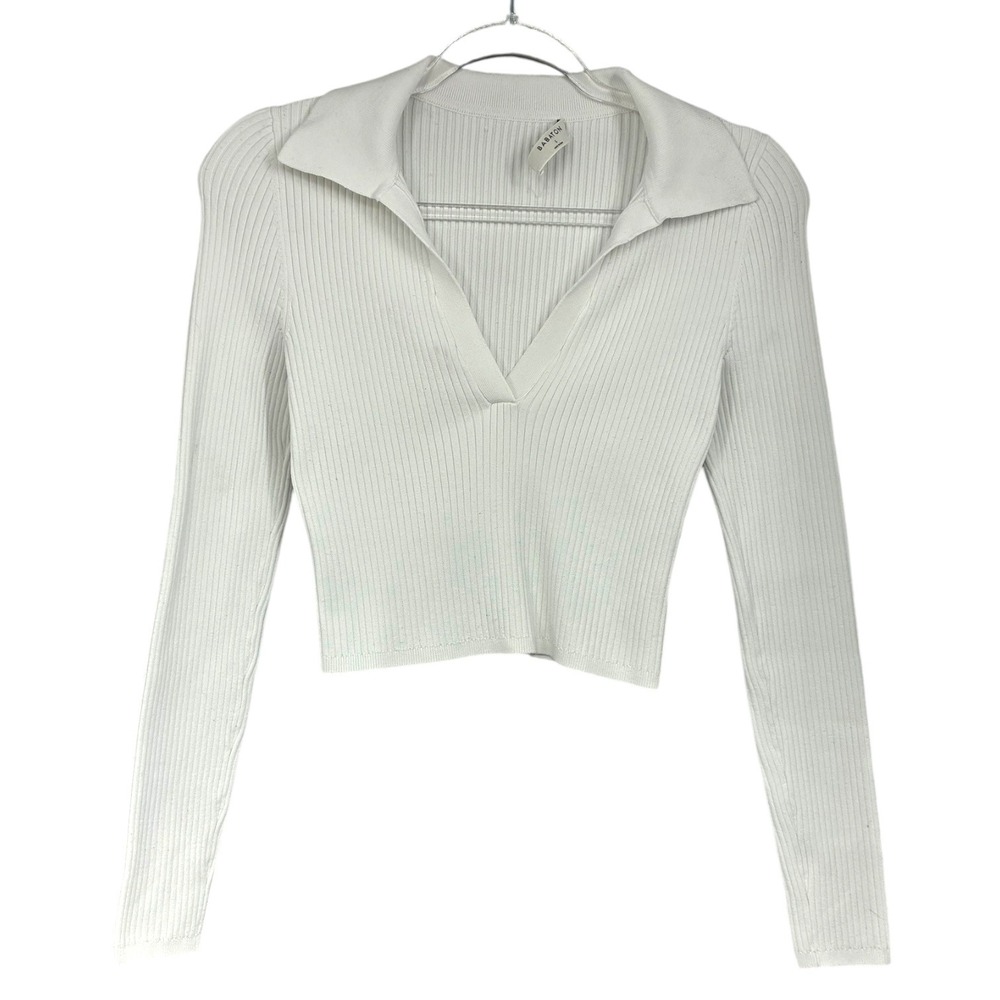 Aritzia Babaton Sculpt Knit Polo Cream Ivory Ribbed‎ Long Sleeve Cropped Top S